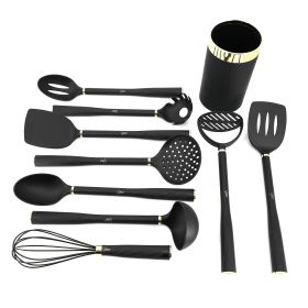 Gibson Home Hampsbridge 10 Piece Nylon Kitchen Tool Set and Utensil Crock in Black and Gold