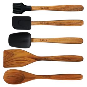 Babish 5 Piece Wood and Silicone Essential Kitchen Tool Set in Brown