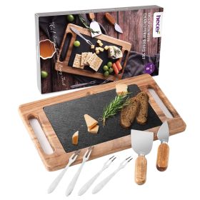 Hecef 12.4in Acacia Wood Charcuterie Serving Tray with Removable Black Slate & Cutlery Set, Cheese Board Set