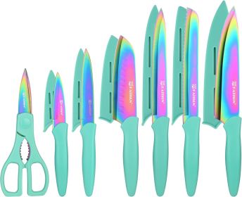 Kitchen Knife Set with Guards, 13 Piece Rainbow Titanium Coated Stainless Steel Boxed Knives Set, Anti-Rust and Dishwasher Safe